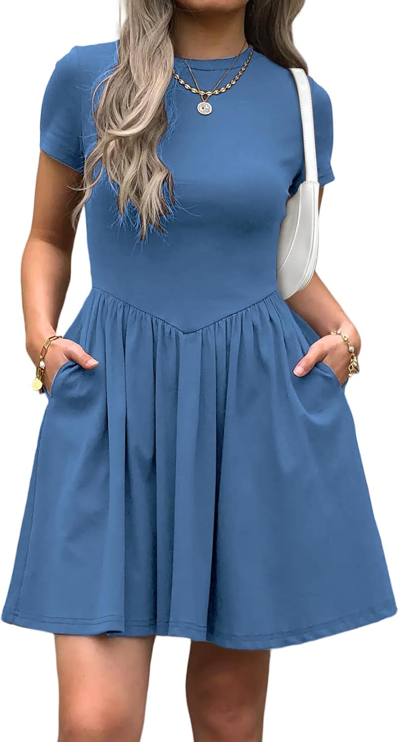 Womens Summer T Shirt Dress Short Sleeve Casual Mini Dresses Drop Waist Swing A Line Dress with Pockets