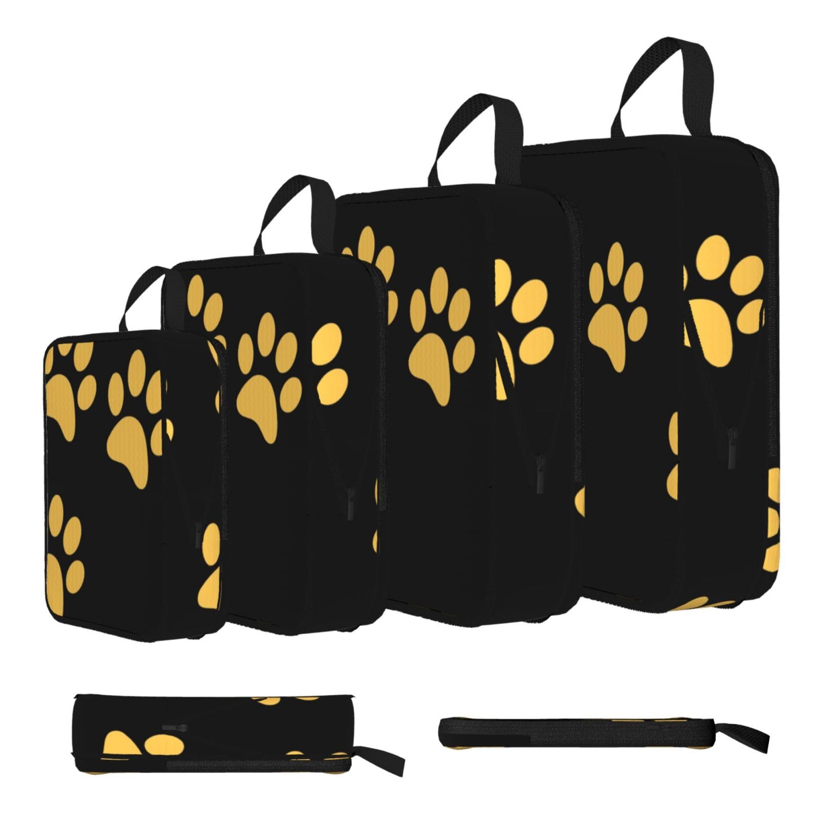 Gold Puppy Paw Print Compression Packing Cubes 4-Piece Set With Multi- Compartment Travel Bag, Waterproof Suitcase Organiser Bags