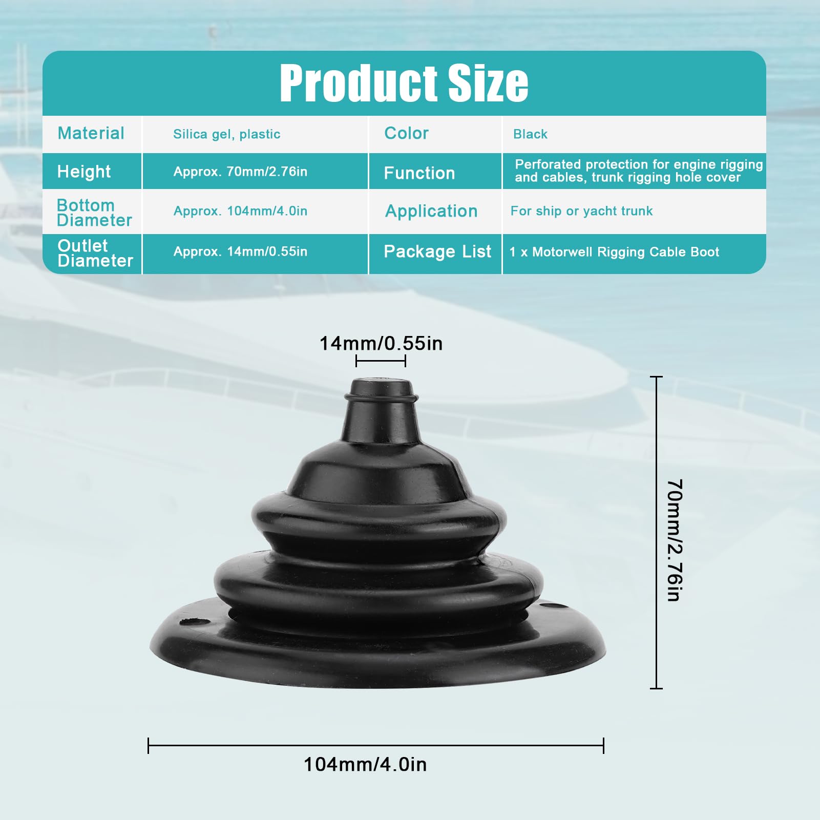 Stivale del cavo motore fuoribordo, Copertura in silicone e plastica rinforzata per cavi motore, Protezione per cavi e tubi, Altezza 70mm Diametro 104mm, Guaina protettiva per barche e yacht
