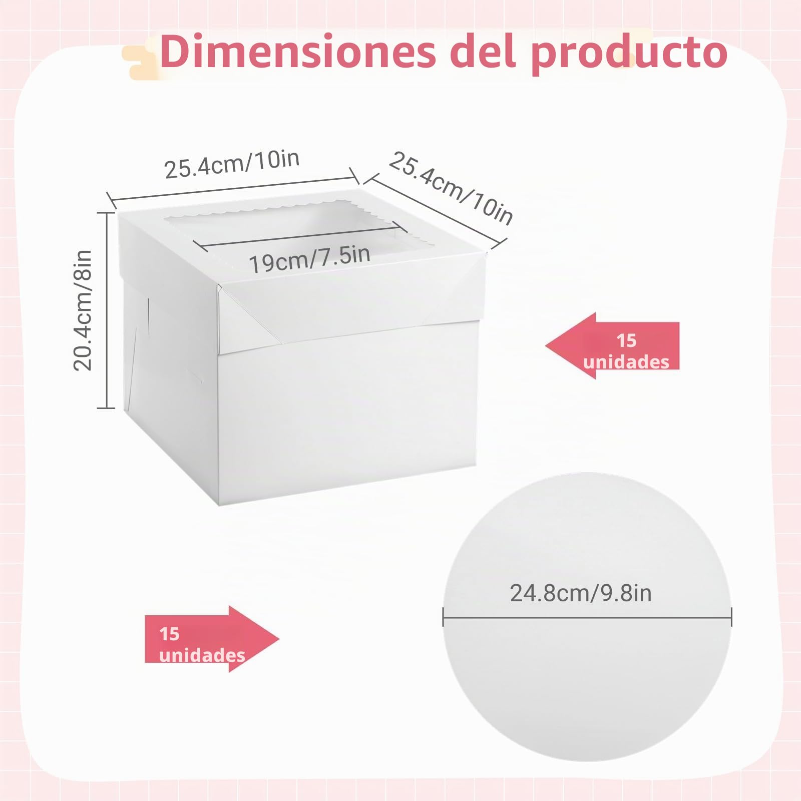 Varku 15 juegos de cajas para tartas, incluye 15 cajas para pasteles y 15 tablas, 25,4 x 25,4 x 20,4 cm, cajas de panadería blancas con ventanas, recipientes desechables para tartas con tapa para