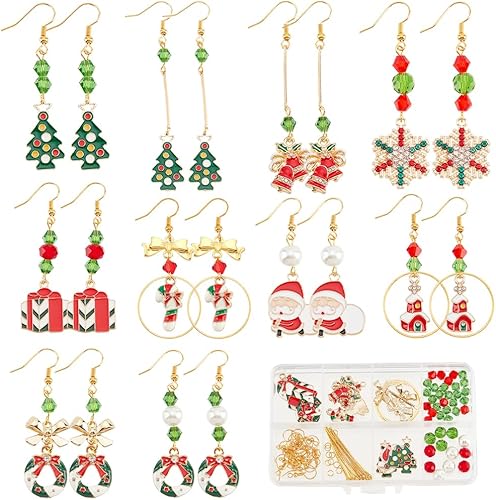 Miniatura 12 de SUNNYCLUE 1 caja de bricolaje 10 pares de aretes temáticos de Navidad, kits de fabricación de aretes con temática de Papá Noel, muñeco de nieve