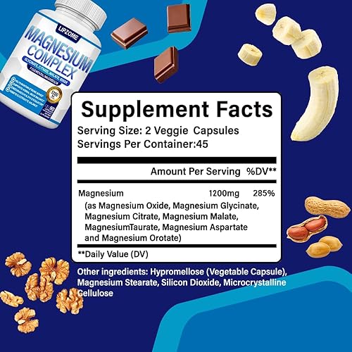 Miniatura 6 de Suplemento Complejo de Magnesio 1200mg - Mezcla avanzada de magnesio 7 en 1 - Glicinato, Citrato, Malato, Taurato, Óxido, Aspartato, Orotato -