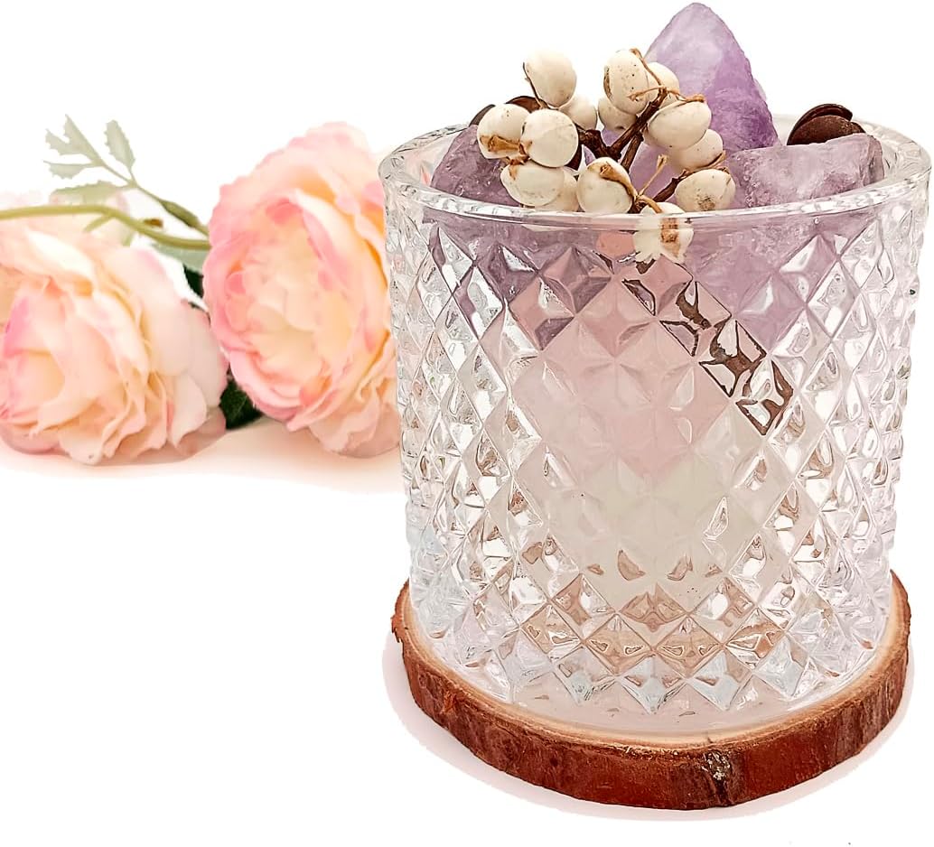 Natural Crystal Passive Stones Essential Oil Aroma Diffuser Spiritual Healing Set with Herb, Demagnetization Cup Container Clean Air Home Office Decorations (Pink Purple)