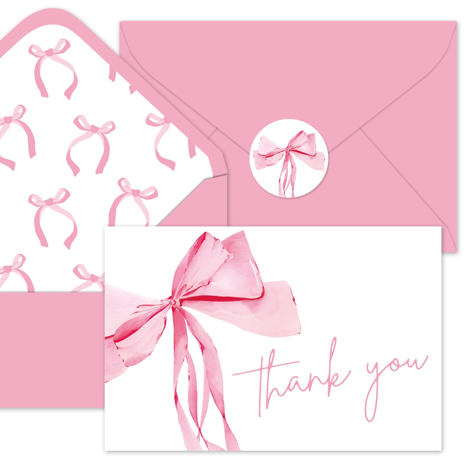 Whaline 50 Packs Pink Bow Thank You Cards Coquette Bowknot Greeting Cards Blank Note Cards Boxed with Envelopes and Stickers for Birthday Baby Shower