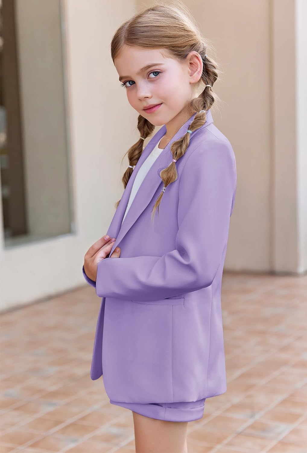 Batermoon Girls 2 Piece Outfits Button Front Long Sleeve Blazer and Short Pants Suit Sets 4-14 Years