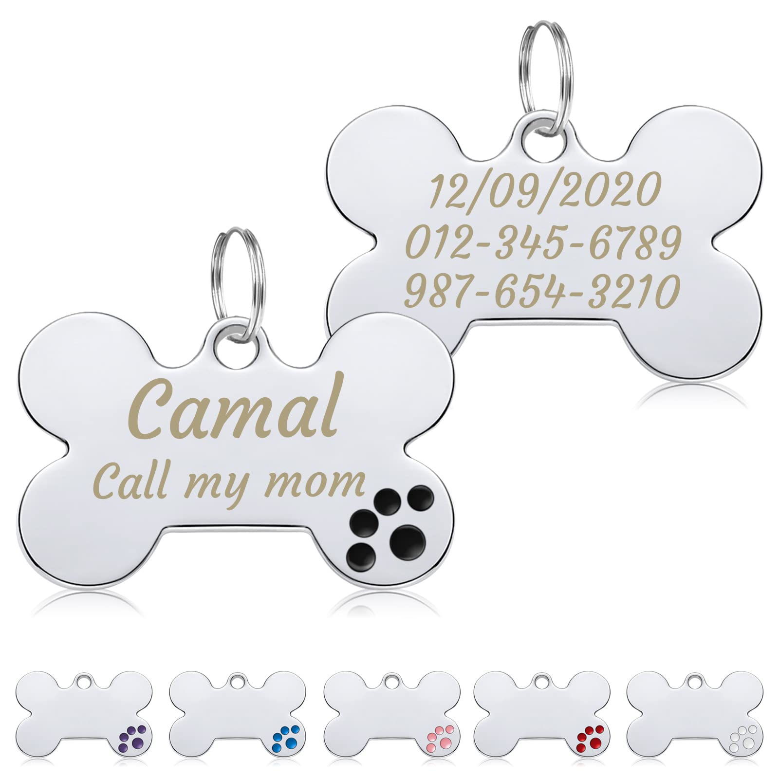 CAMAL 2 Piezas Chapa Perro Grabada, Placa Perro Grabada Forma de Hueso, Chapa Perro Personalizada para Collar Perro Gato Mascota Grabada, Etiquetas de Identificación de Mascotas (Negro)