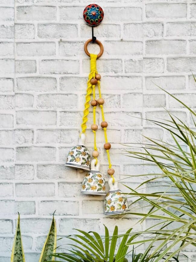 Image of Crafty Co. Decorative Wall & Door Hanging Toran with Bells for Home Entrances (Yellow)- Bunch of 3 Big Bells | Macrame Wall Hanging Toran for Diwali, New Year, Festive Decoration, Balcony & Door Decor