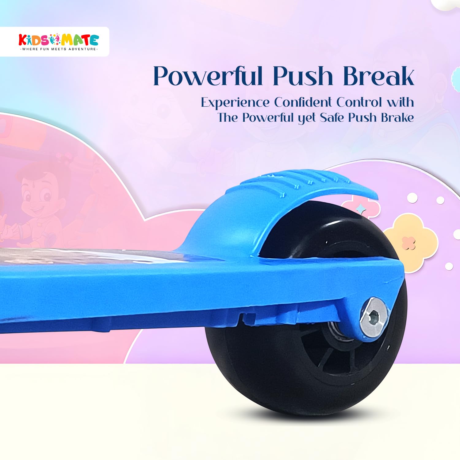 Kidsmate Chhota Bheem® Kick Scooter with Broad LED PVC Wheels | Non-Slip Wide Deck with Push Brake Kids Scooter for Age 3+ Yrs | 4-Level Height Adjustable | Max User Weight 50Kg - Blue 4