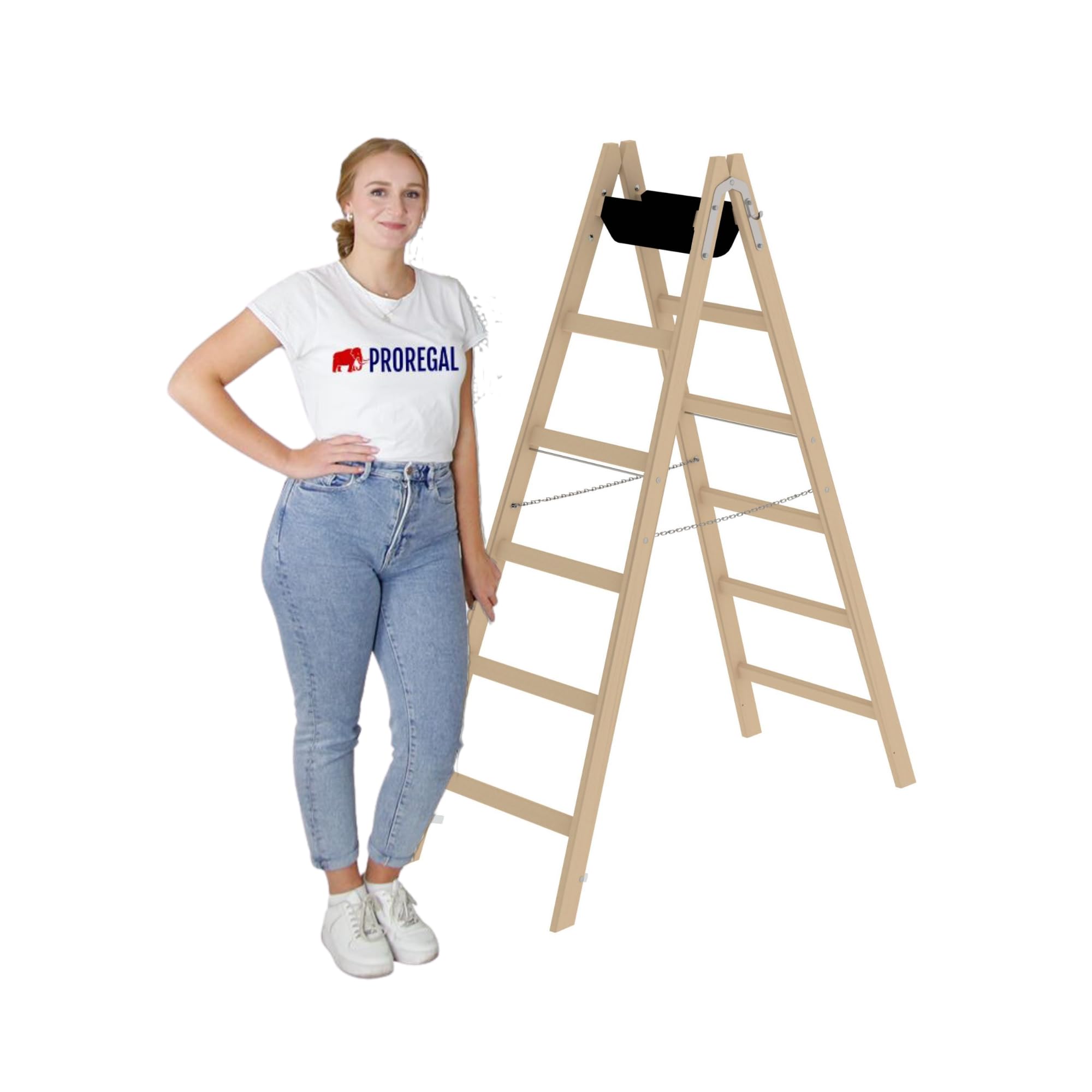 PROREGAL Escabeau en bois avec plateau à outils | 2 x 6 échelons | Échelle télescopique, escabeau, escabeau, échelle fixe, double échelons