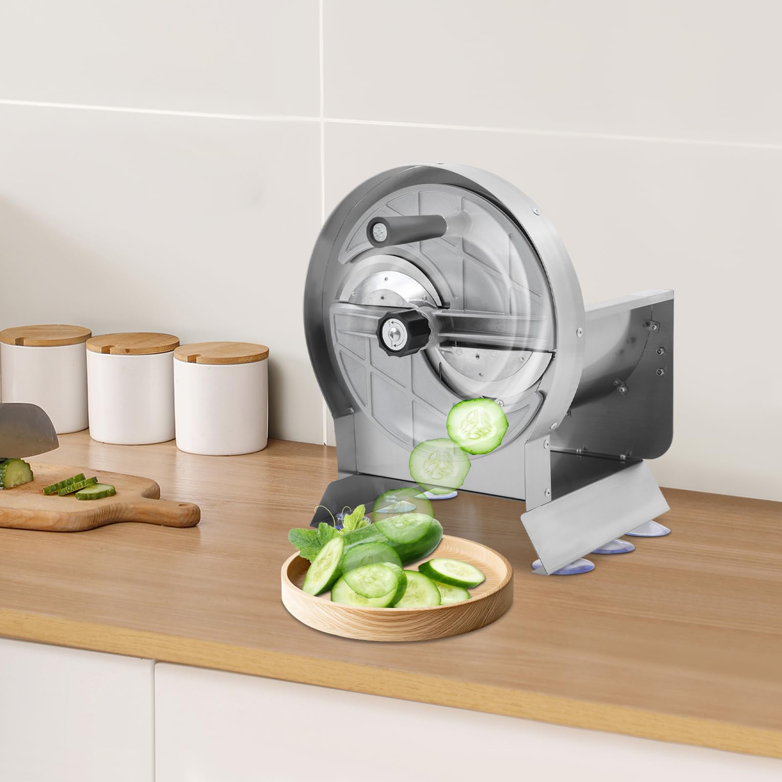 Gemüseschneidemaschine Tischgerät, Manuell Edelstahl-Schneidegerät mit 6 Saugnäpfen Ø 1-10 mm, Schnittdicke Einstellbarer Hobel, Gemüseschneider Gemüse-Cutter für Gastronomie