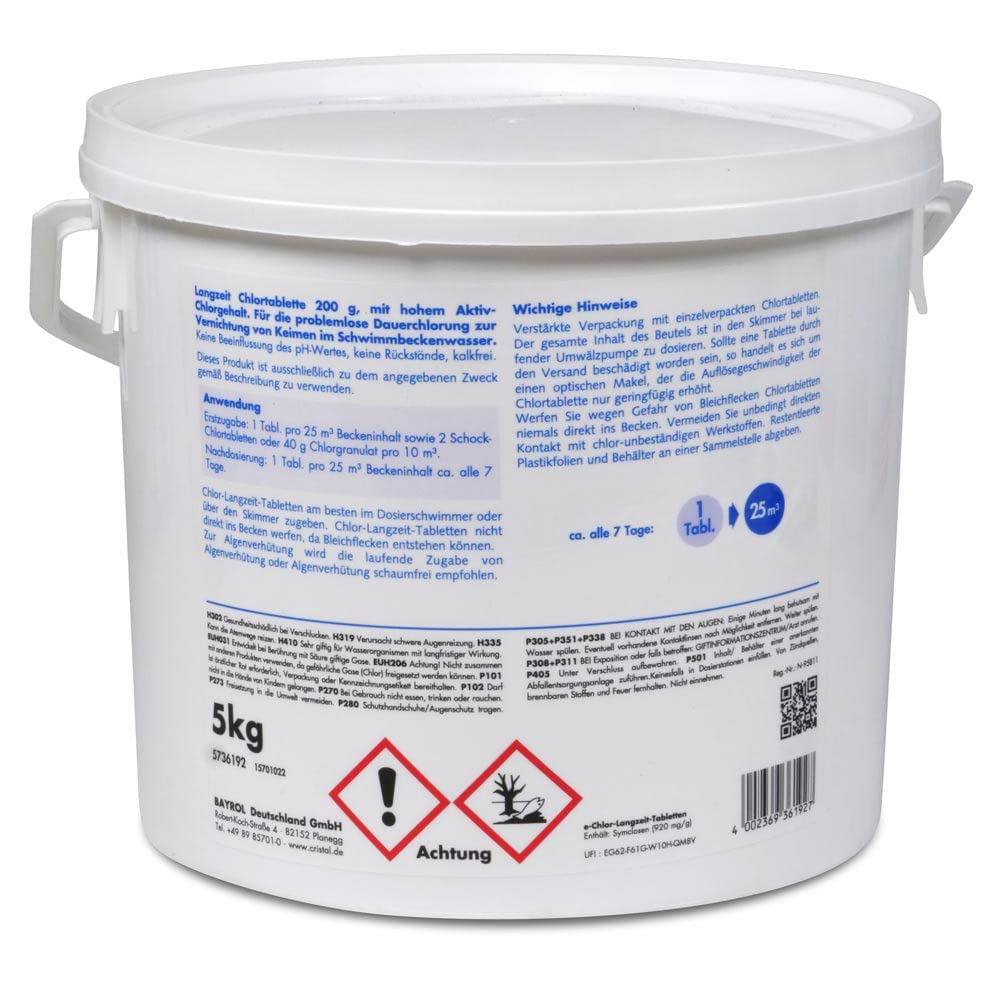 Cristal e-Chlor Langzeit-Tabletten 5 kg - 200 g Chlortabletten - Langzeitdesinfektion - Pools ab 20.000 l - Langsam löslich - Hoher Aktivchlorgehalt