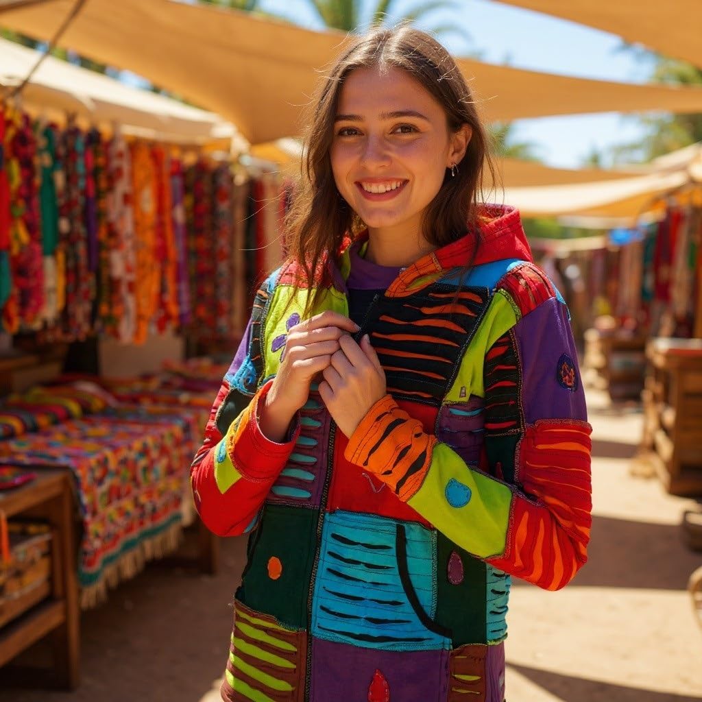 Damen Baumwoll Patch Jacke Bunt – Handgefertigte Boho Kapuzenjacke mit Rillenmuster & Stickerei – Fair Trade Hippie Jäckchen Nepal – Bunt Mix
