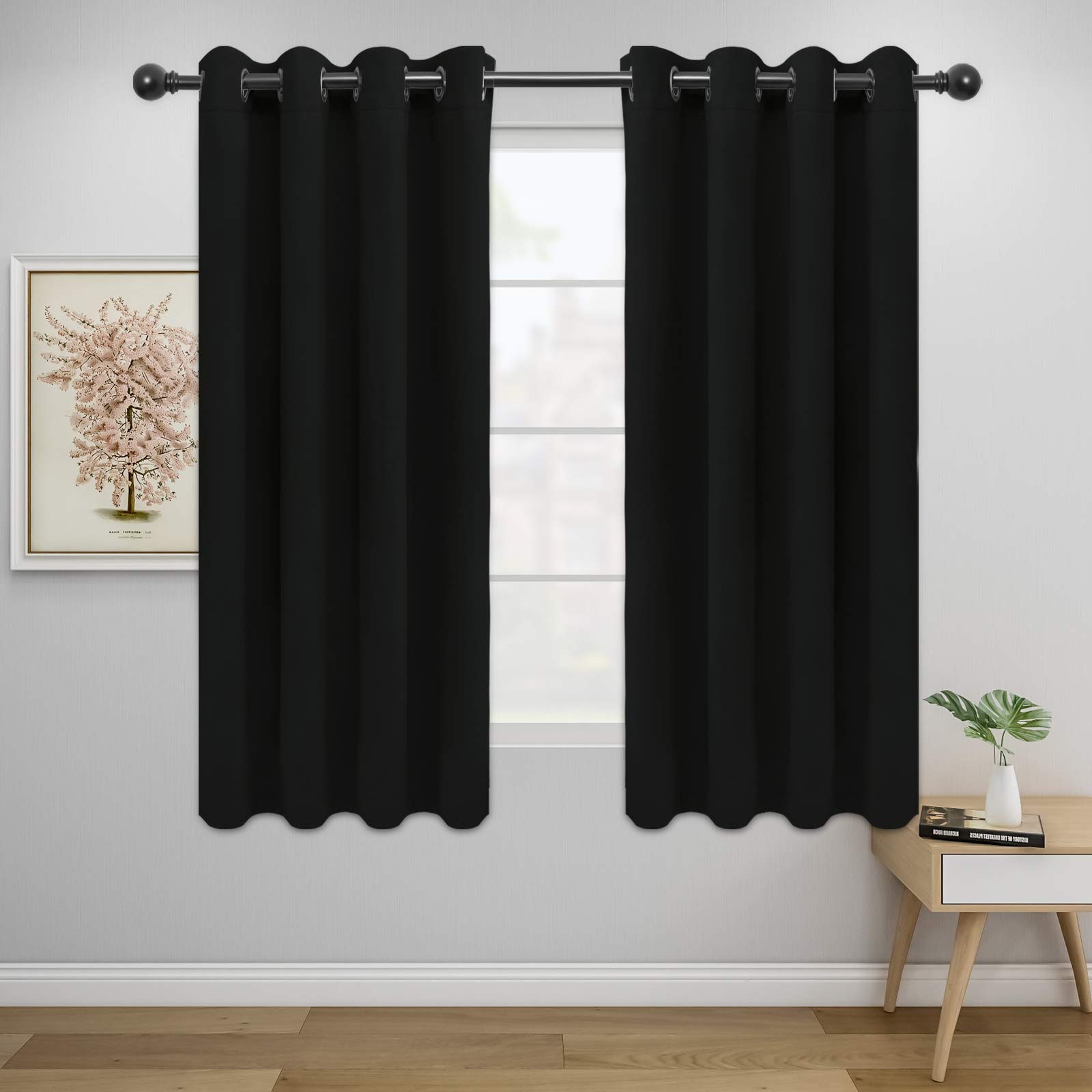 Easy-Going Blackout Curtains for Bedroom, Solid Thermal Insulated Grommet and Noise Reduction Window Drapes, Room Darkening Curtains for Living Room, 2 Panels (52x46 in,Black)