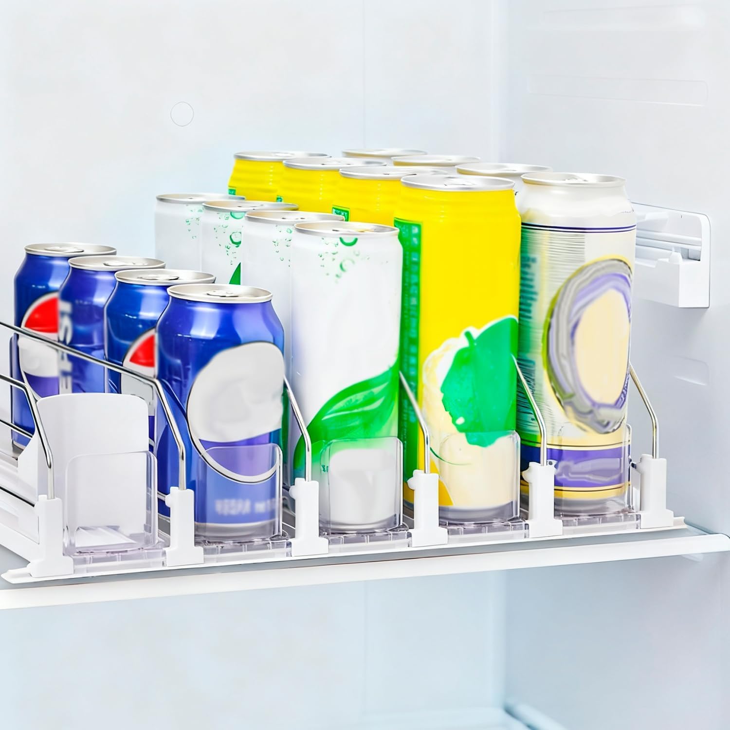 El Deslizador Automático para Empujar Bebidas Tiene Capacidad para Hasta 30 Latas, Ancho Ajustable, Autoempuje, Organizador de Latas de 12 Oz, 16 Oz, 16,9 Oz y 20 Oz para Refrigerador (Blanco 38cm)