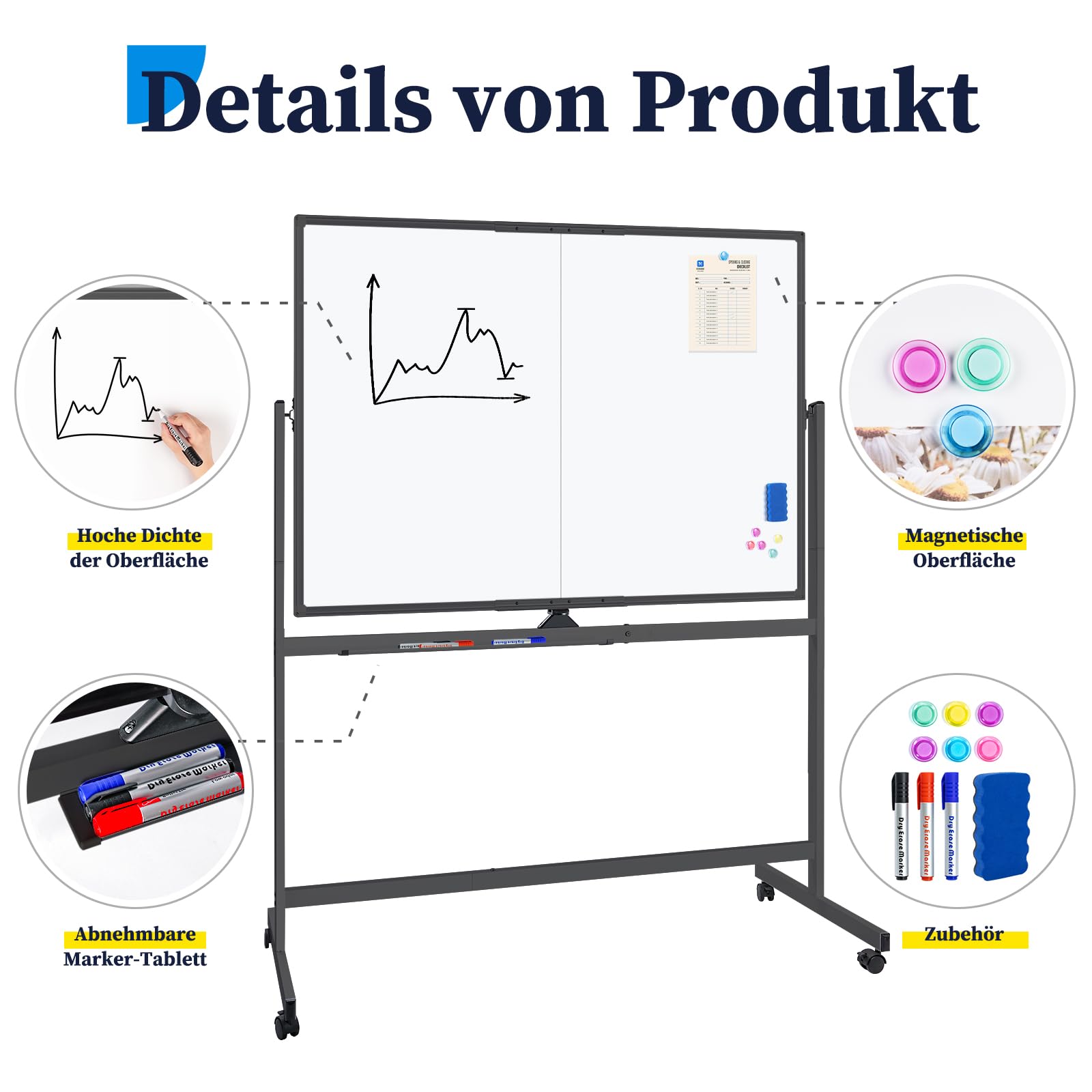 maxtek Whiteboard mit Ständer 120 x 90 cm, Magnetisches Flipchart | Doppelseitige Mobile White Board mit Aluminiumrahmen, Große Magnettafel auf Rollen , Inkl. Stiften, Schwämme, Tafellöscher