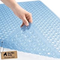 Gorilla Grip Patented Bath Shower Mat 35x16 Inch - Suction Cups, Drainage Holes, Machine Washable Non-Slip Tub Liner, Clear Blue
