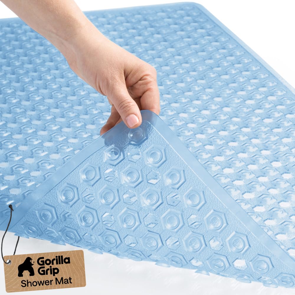 GORILLA GRIP Patented Bath Tub Shower Mat, Machine Washable Bathtub Floor Liner Mats, Suction Cups and Drain Holes to Keep Tubs Clean, Soft on Feet, Bathroom Essentials, 35x16 Inch, Clear Blue