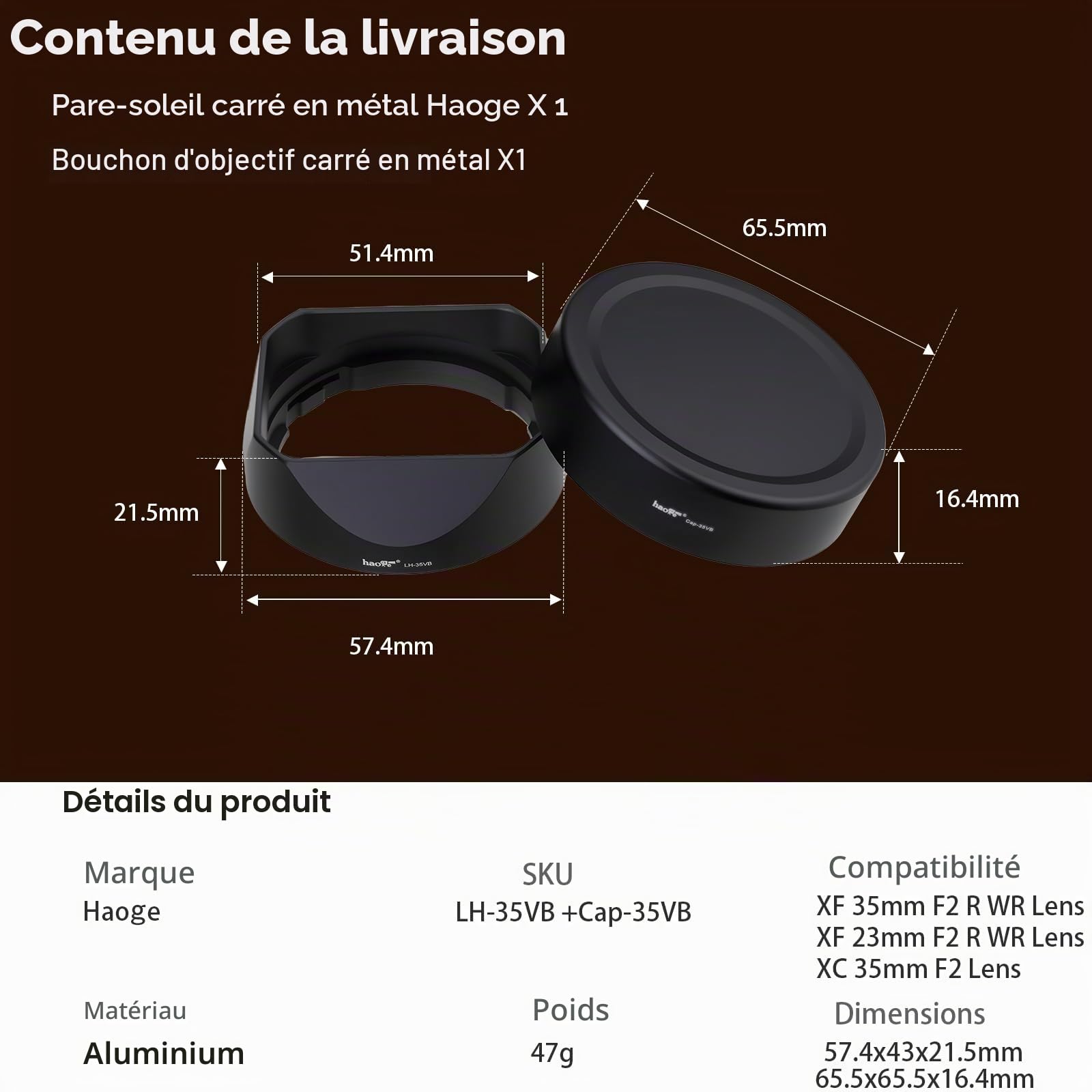 Haoge Pare-soleil d'objectif carré en métal pour Fujifilm XF35mmF2 R WR, Pare-soleil d'objectif F2 23mm F2 (avec capuchon avant en métal), remplace le pare-soleil Fujifilm LH-XF35-2