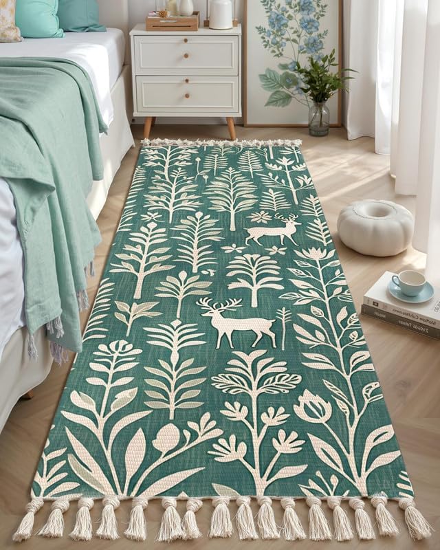 Image of SAGON 2x5 Ft Printed Runner Carpet - Cotton Bedside Rug for Bedroom & Living Room (Deer Print Runner)