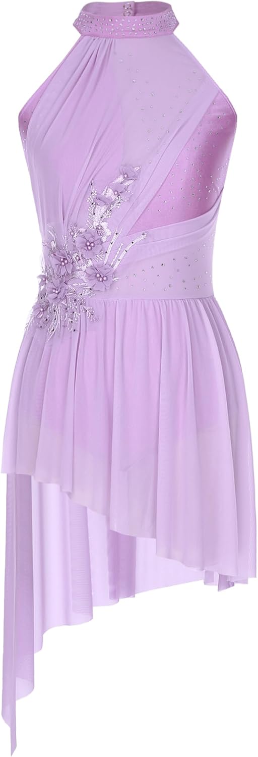 Women Applique Lyrical Dance Dress Irregular Flowy Tulle Skirt Leotard Contemporary Dance Costume