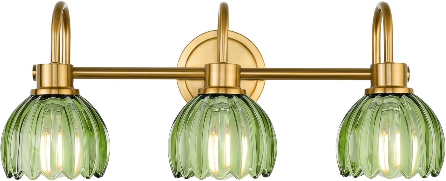 3-Light Bathroom Light Fixtures, 21 Inch Brushed Gold Vanity Lights with Green Tulip Glass Shade, Champagne Bronze Vanity Lighting Fixtures Over Mirror, AD-22282-3W-GD-GR