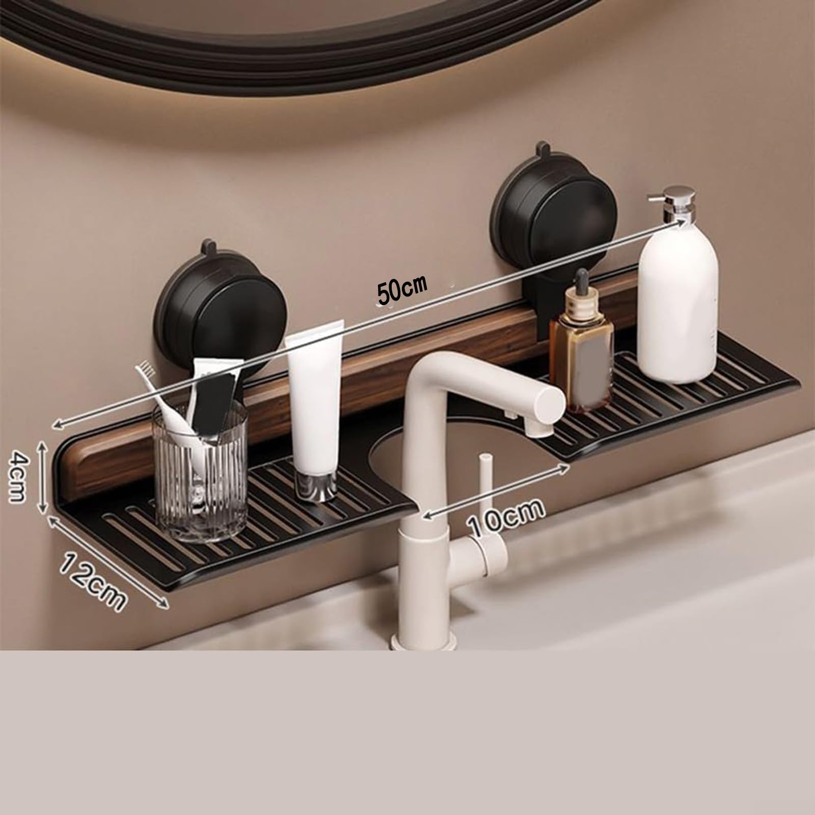 Estante de baño con ventosa, organizador montado en la pared, aleación de aluminio, sin taladrar, con tiras de nogal para baño, caravana, cocina, dormitorio