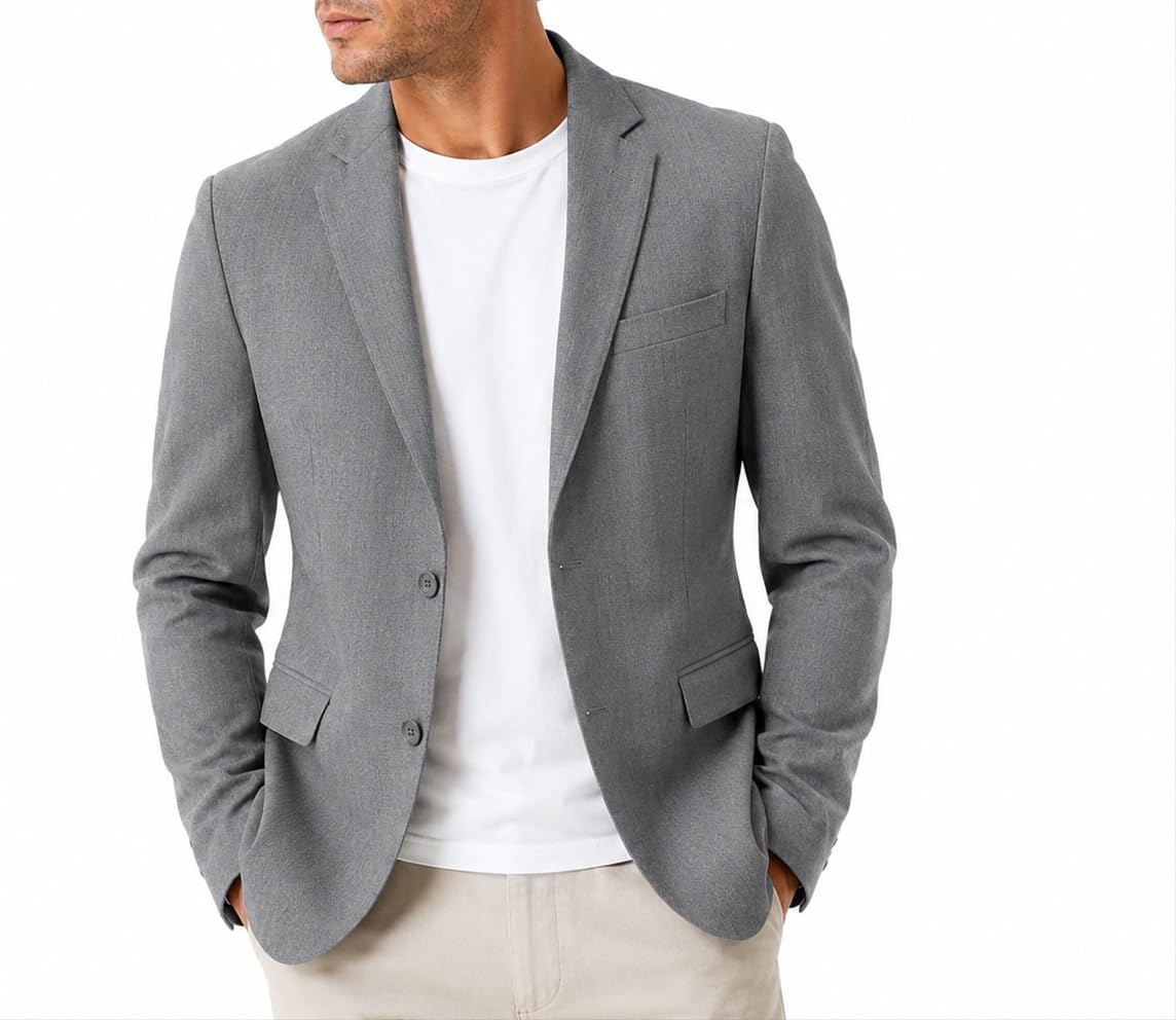 Genérico Blazer De Hombre, Elegante Y Casual, Estilo Deportivo, con Dos Botones, Forro Completo, Solapa con Muesca, De Lino, Ideal para Bodas, Negocios, Vacaciones, Viajes Y Resorts, Color Gris, Ta