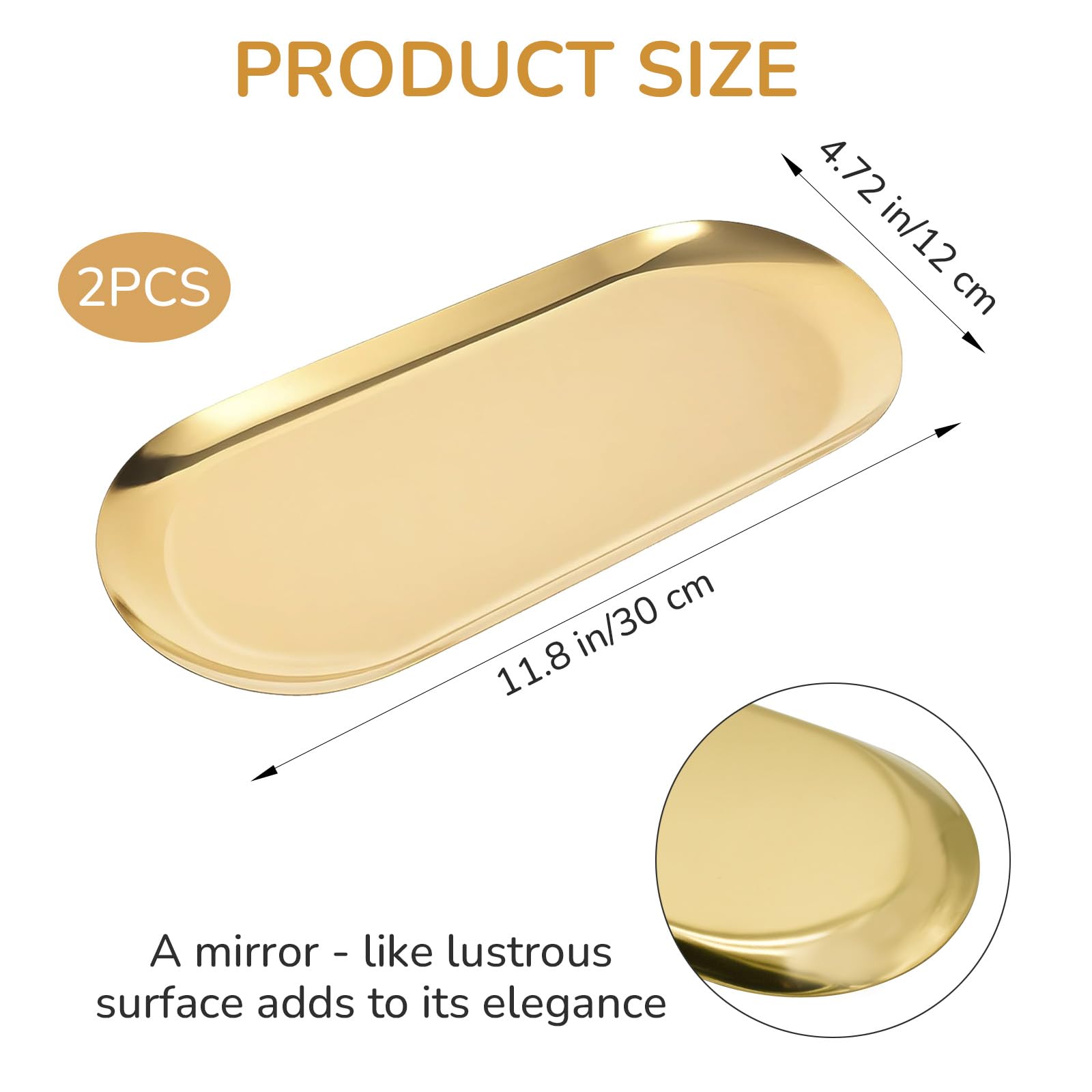 Confezione da 2 vassoi decorativi in acciaio inossidabile, vassoio ovale da 30,5 cm, per gioielli, piccoli piatti portaoggetti per cosmetici, organizer per chiavi del bagno, candele (oro)