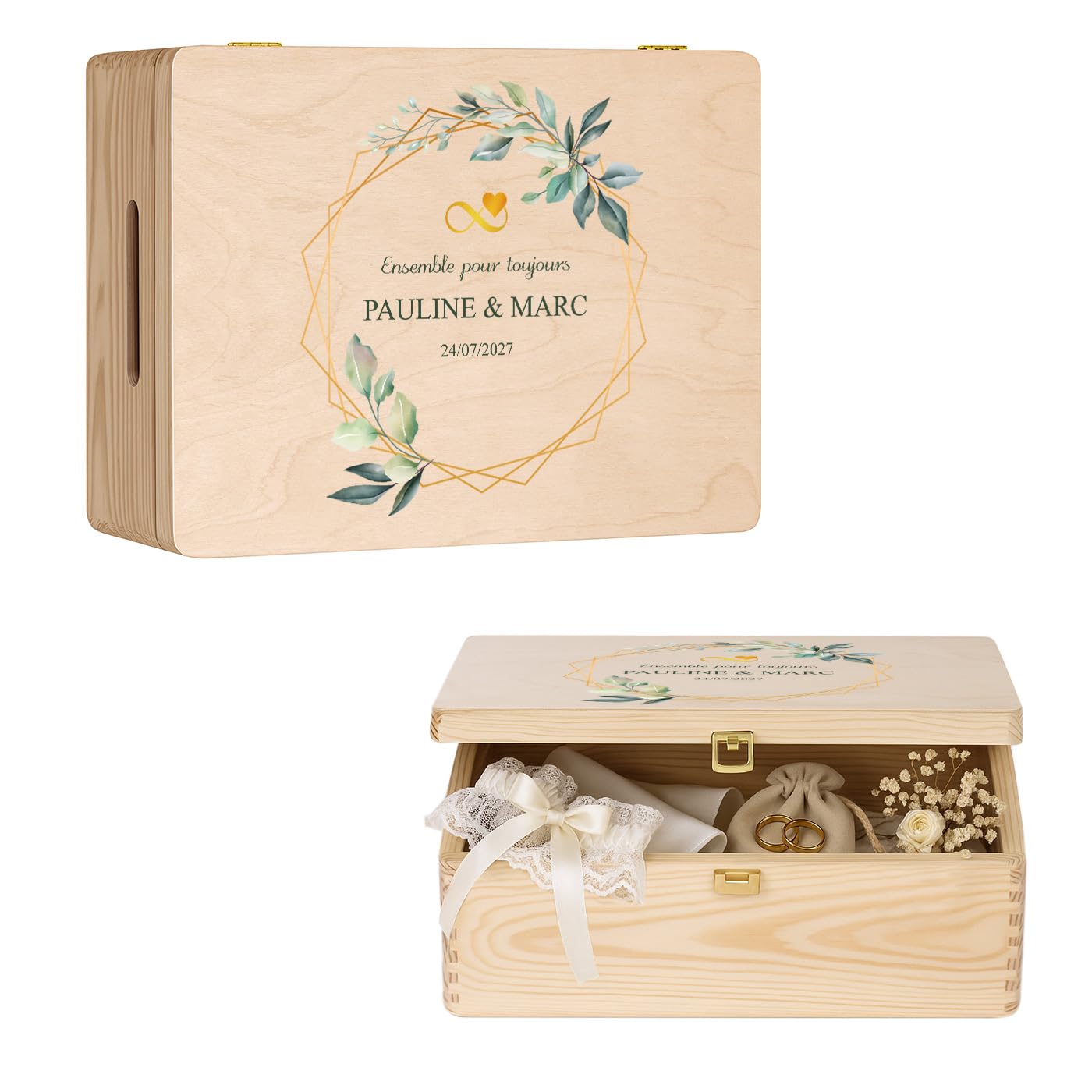 Maverton Boite a Souvenir Personnalisable - Cadeau Personnalisé pour couple - L/XL Boite de Rangement avec Couvercle en Bois de Pin Naturel - Cadeau Noel - Cadeau Mariage Anniversaire Amoureux