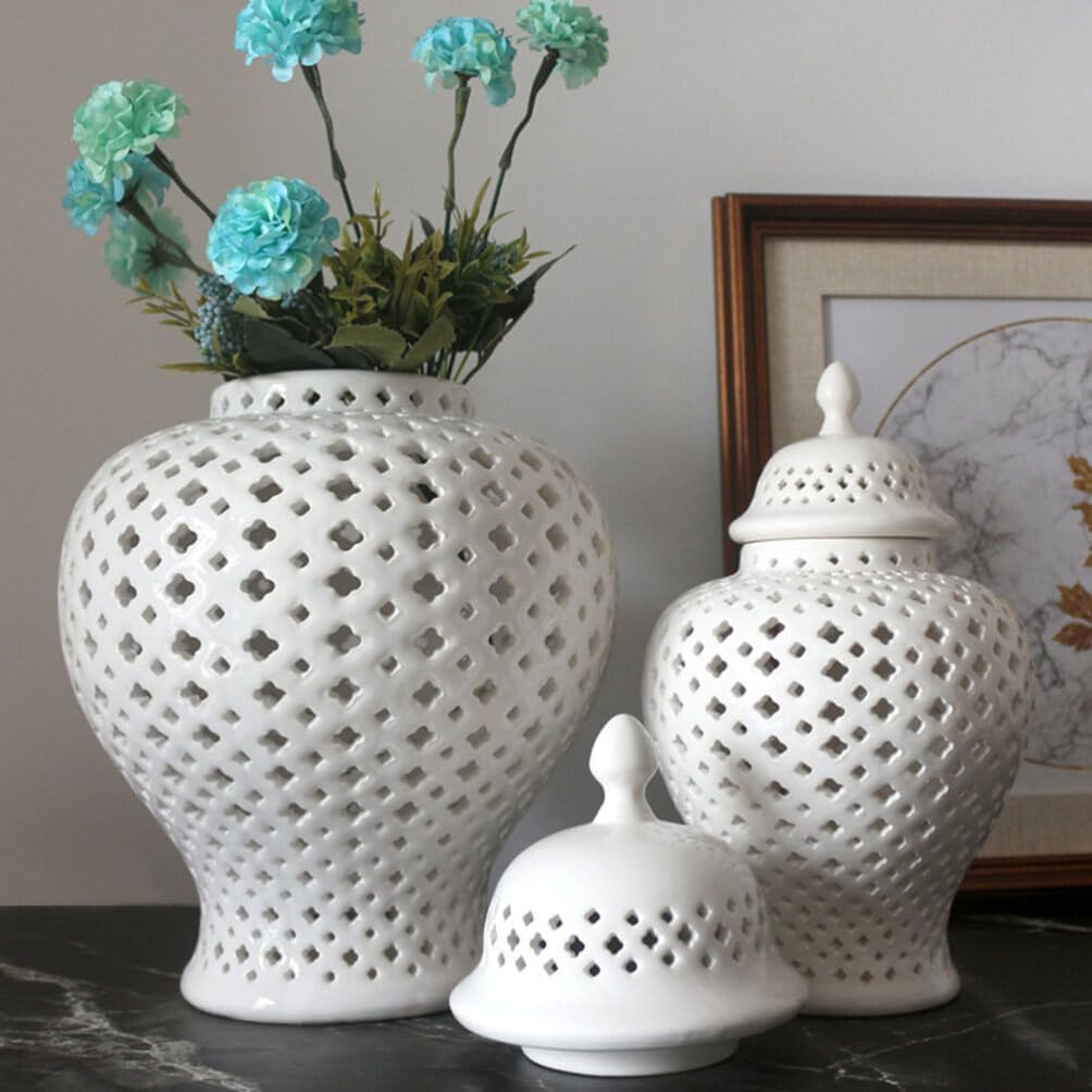 Ciieeo Ginger Jars for Home Decor Traditional Pierced Ginger Jar with Lid Carved Lattice Decorative Temple Jar Cut Out Ceramic Vase Handicraft Flower Vase Garlic Keeper 15cm