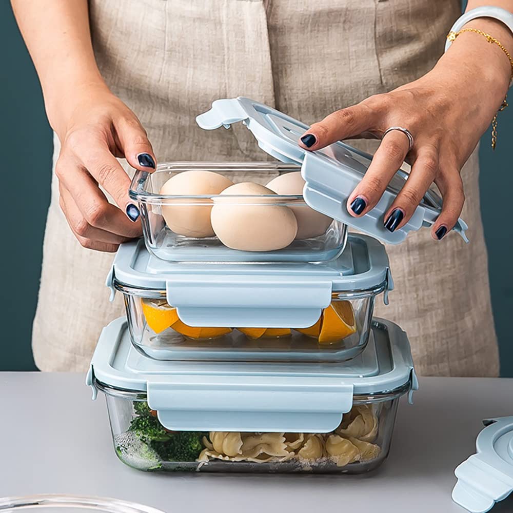 Trifecta Glass Meal Prep Containers Snap Locking Lids Glass Food Storage Containers with Lids Freezer Containers for Food Refrigerator Organizer Bins With Vented Lids for Lunch (Blue Set of 3)