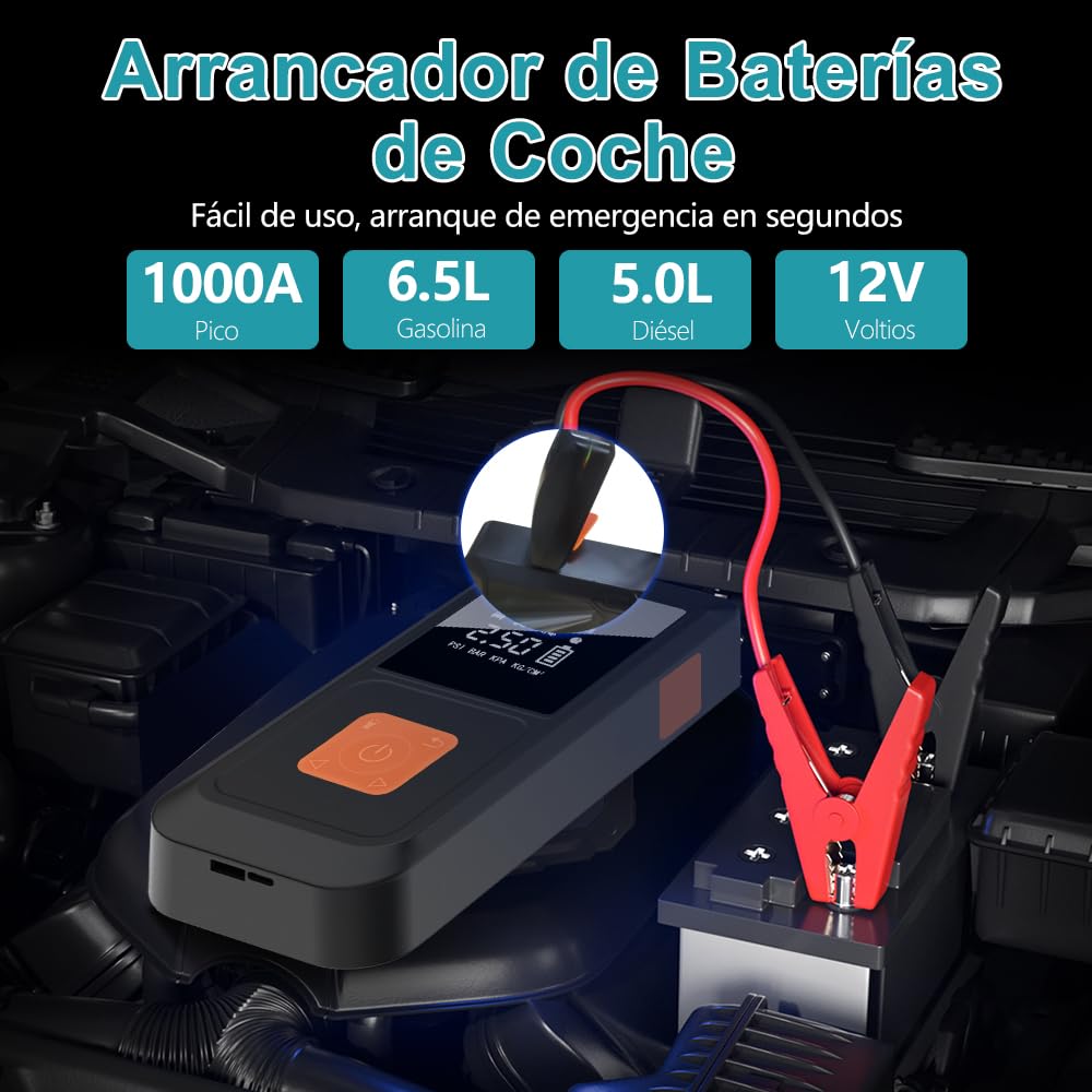 Arrancador de Batería 12V para Coche (Gasolina/Diésel) con Compresor de Aire Portátil y Power Bank 3 en 1, Inflador Eléctrico 10000mAh con Pantalla LCD y Arranque de Emergencia, Carga Rápida