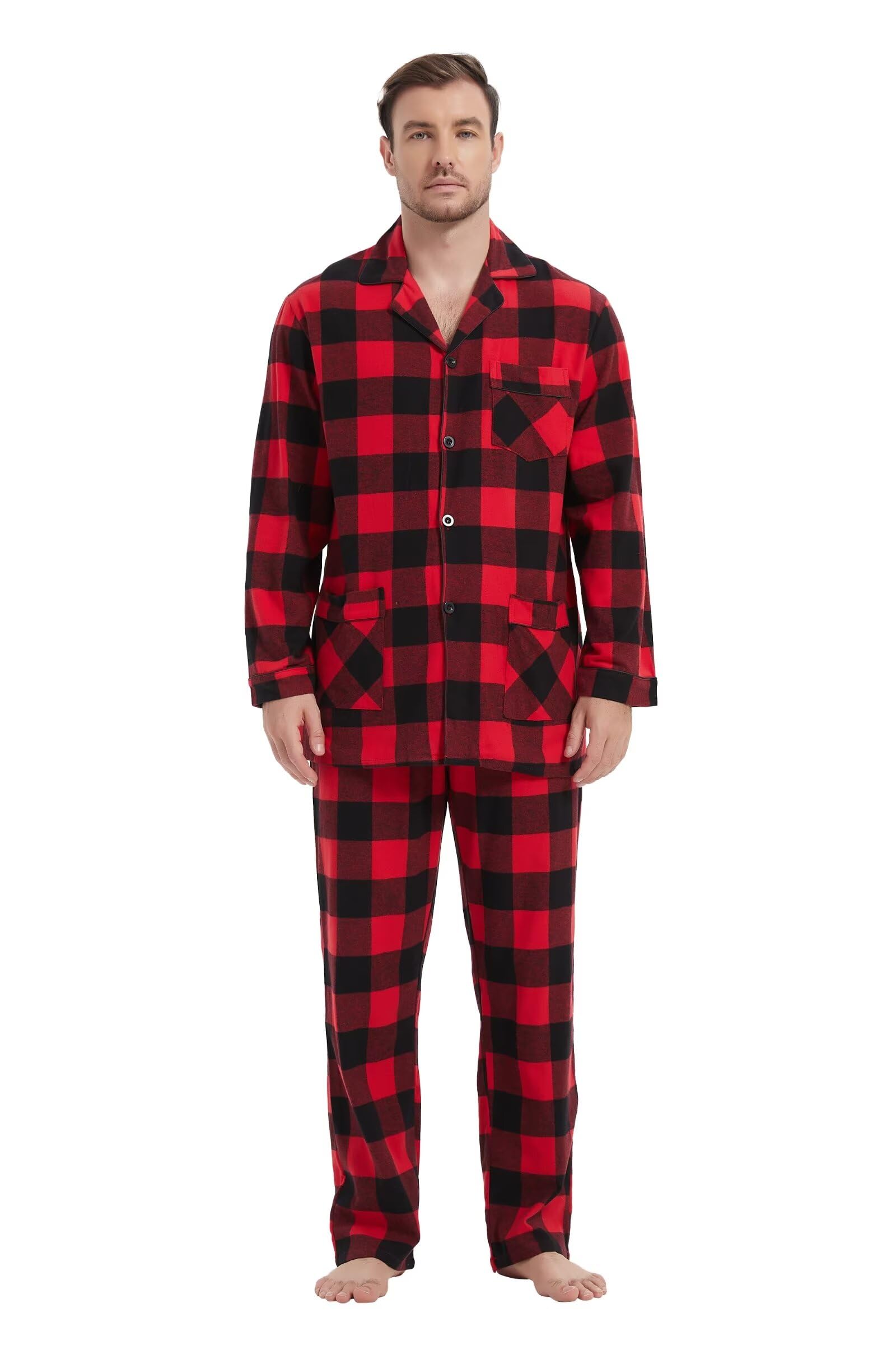 Pigiama da uomo in 100% flanella di cotone tinto in filato a quadri, comodi pantaloni pigiama con tasche e coulisse in vita, pigiama invernale da uomo