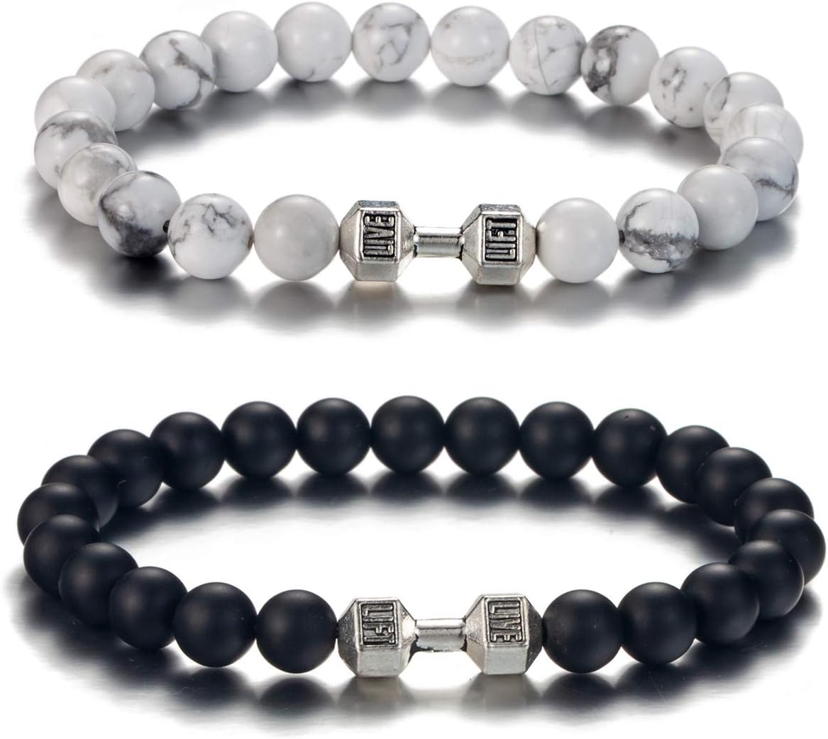 Black Charm Dumbbell Bracelets for Men Women Natural Stone Dumbbell Beads Bracelets Set Gifts