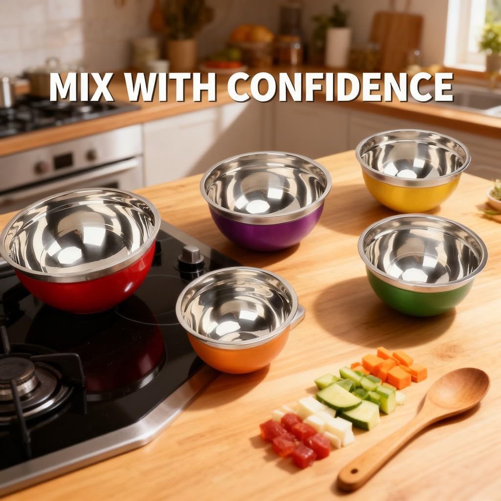 Stainless Steel Bowls with Lids, 5 Pieces Mixing and Baking Bowl Set for Fruit Salad and Egg Preparation - Durable Thickened Design, Versatile Kitchen Use for Cooking and Serving