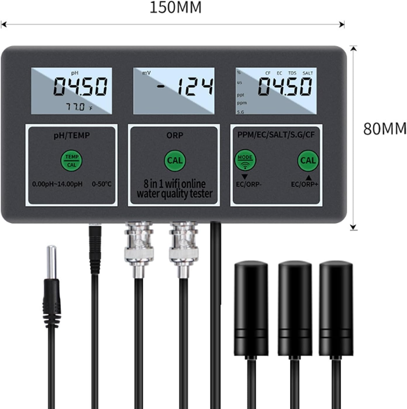 8 in 1 Water Quality Tester, Fish Tank Water Quality Detector, PH/EC/TDS/Salt/S.G/CF/ORP/Temperature Water Quality Monitor, WiFi Seawater Salinity Detector for Aquarium, Swimming Pool