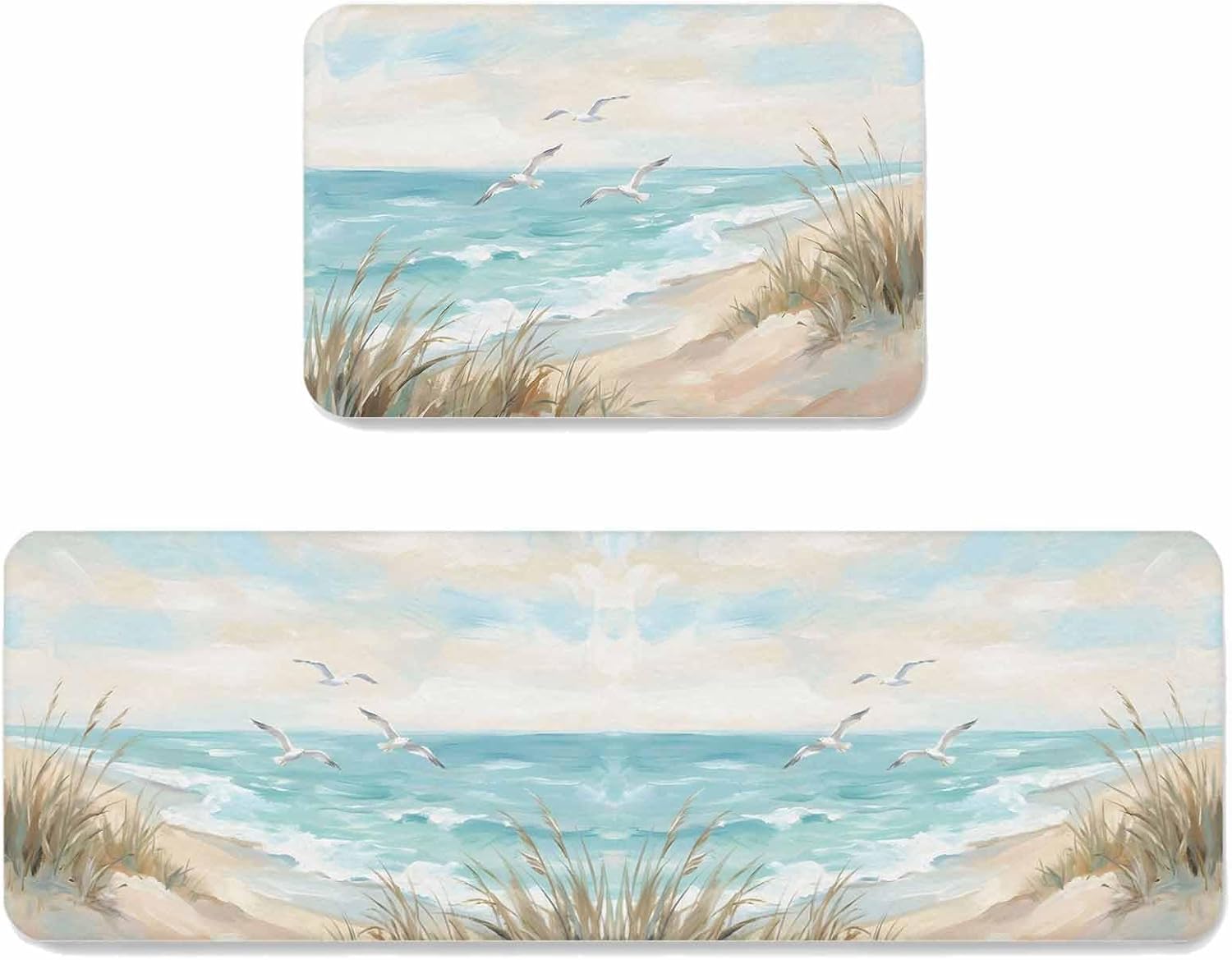 Prime Leader Coastal Seagulls Kitchen Mat Set 2 Pieces Beach Ocean Sky Oil Paintings Style Summer Non Slip Kitchen Rugs Washable Runner Rug Mats for Sink Laundry (23.6" x 35.4"+23.6" x 70.9")