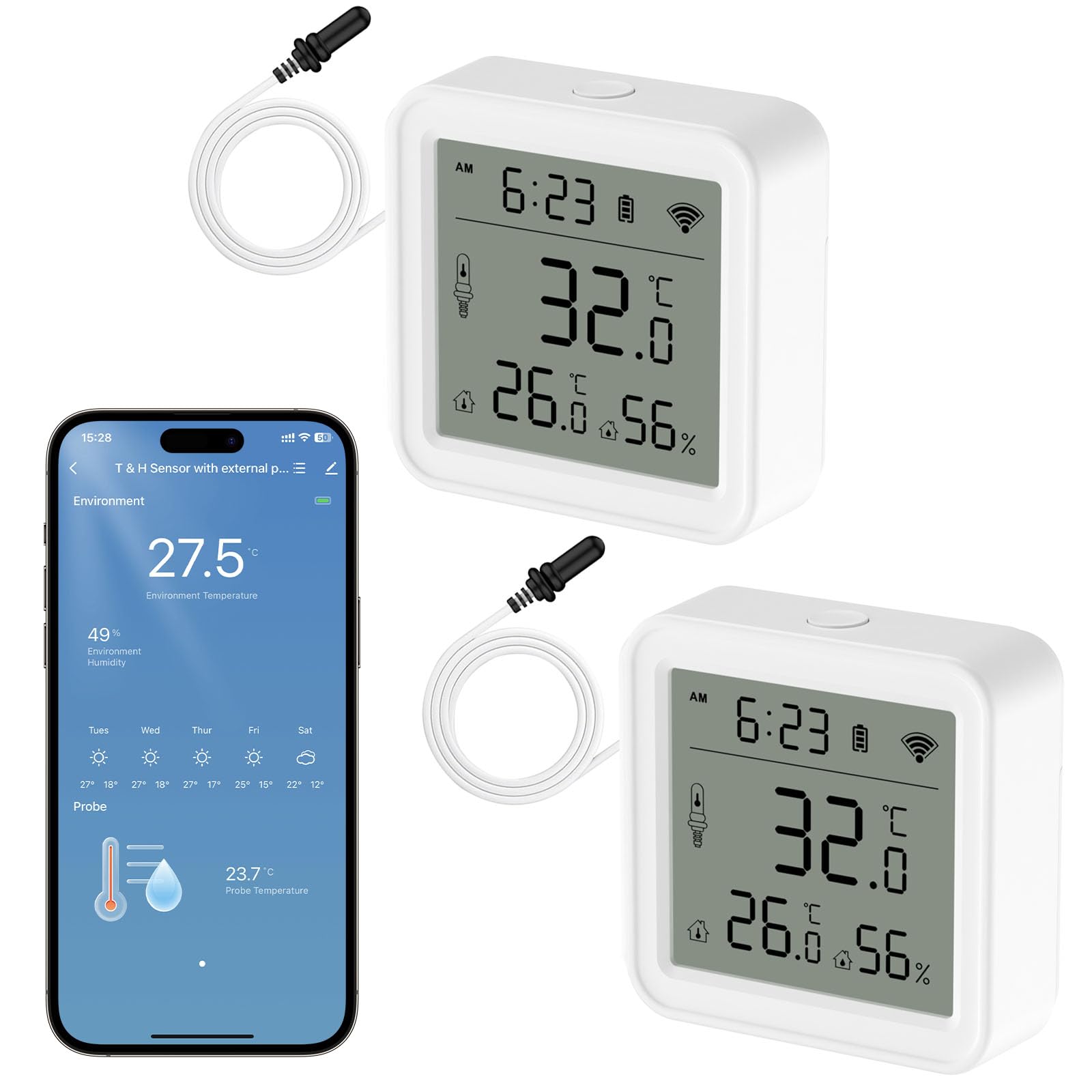 Confezione da 2 termometri Wi-Fi per interni, Humidity Gauge con app e sensore esterno, misurazione dell'umidità dell'aria, monitor digitale della temperatura per serra, cameretta dei bambini,