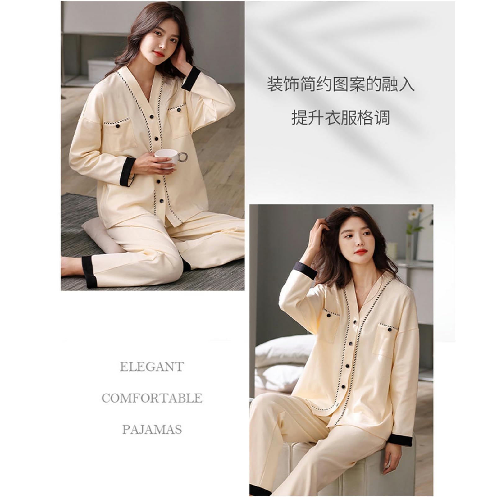 Pigiama Donna Cotone Pigiami Donne Primaverili E Autunno Cotone Maniche Lunghe Cardigan V al Collo Abiti da Casa Set con Bottoni-df9709-p I N K-l