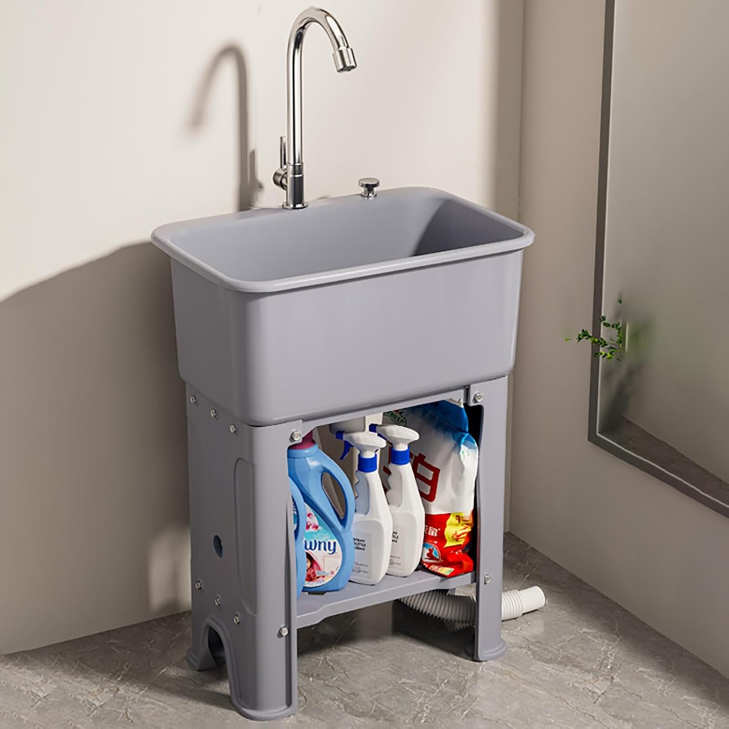 Plastic Utility Sink Free Standing Sink Commercial Laundry Utility Sink with Faucet and Storage Shelves Kitchen Sink for Outdoor Garage Commercial Restaurant Kitchen Laundry Room. ( Color : Gray , Siz