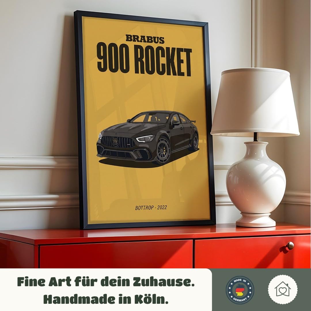 MJ-GRAPHICS® Poster Brabus Kunstdruck Auto 900 Rocket Wandbild sportlich Bilder dunkelgelb Schwarz Deko Büro modern A2 mit braunem Rahmen