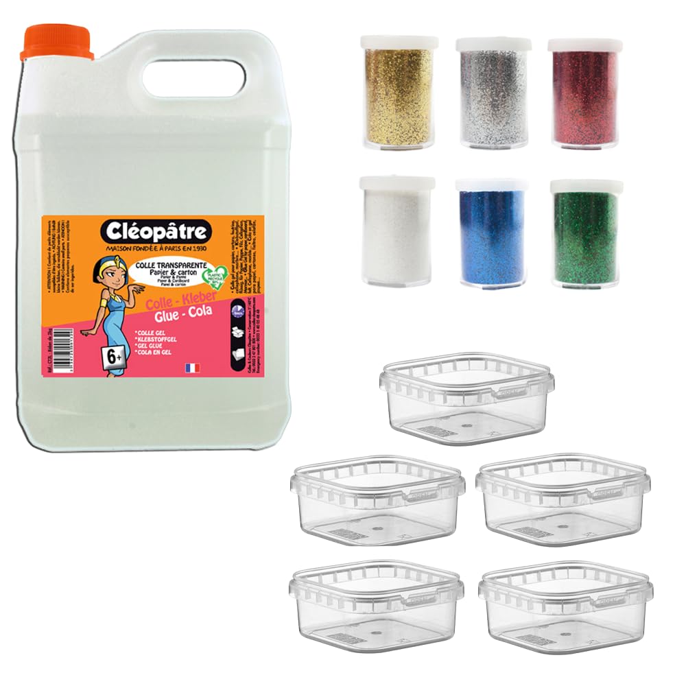 Cléopatre - Pack Pegamento Transparente 2kg + 6 Tubos de Purpurina + 5 Cajas de Almacenamiento - Pegamento Fabricado en Francia, Sin Disolventes, Limpieza con Agua - A partir de 6 Años