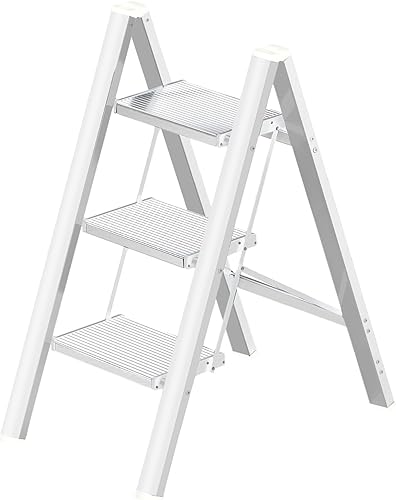 Miniatura 7 de Escalera plegable con 3 taburetes de cocina de aluminio, escaleras ligeras plegables de 330 libras con pedal ancho antideslizante, escalera portátil