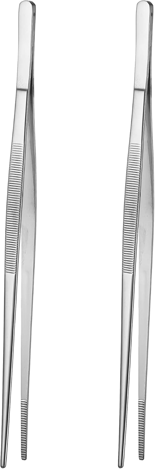 2Pcs 12" Fine Long Tweezer Tongs, Professional Cocktail Garnish Tools, 304 Stainless Steel for Kitchen, Food, Cooking (Copper Plated 2PCS)