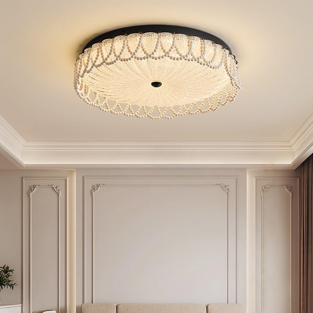 Beiltuga Modern Flush Mount Close to Ceiling Lamp Contemporary Ceiling Light Pendant Pearl Pendant Gold Round lampshade Pearl Chain 3000K-6000K 54W for Living Room Bedroom entryway