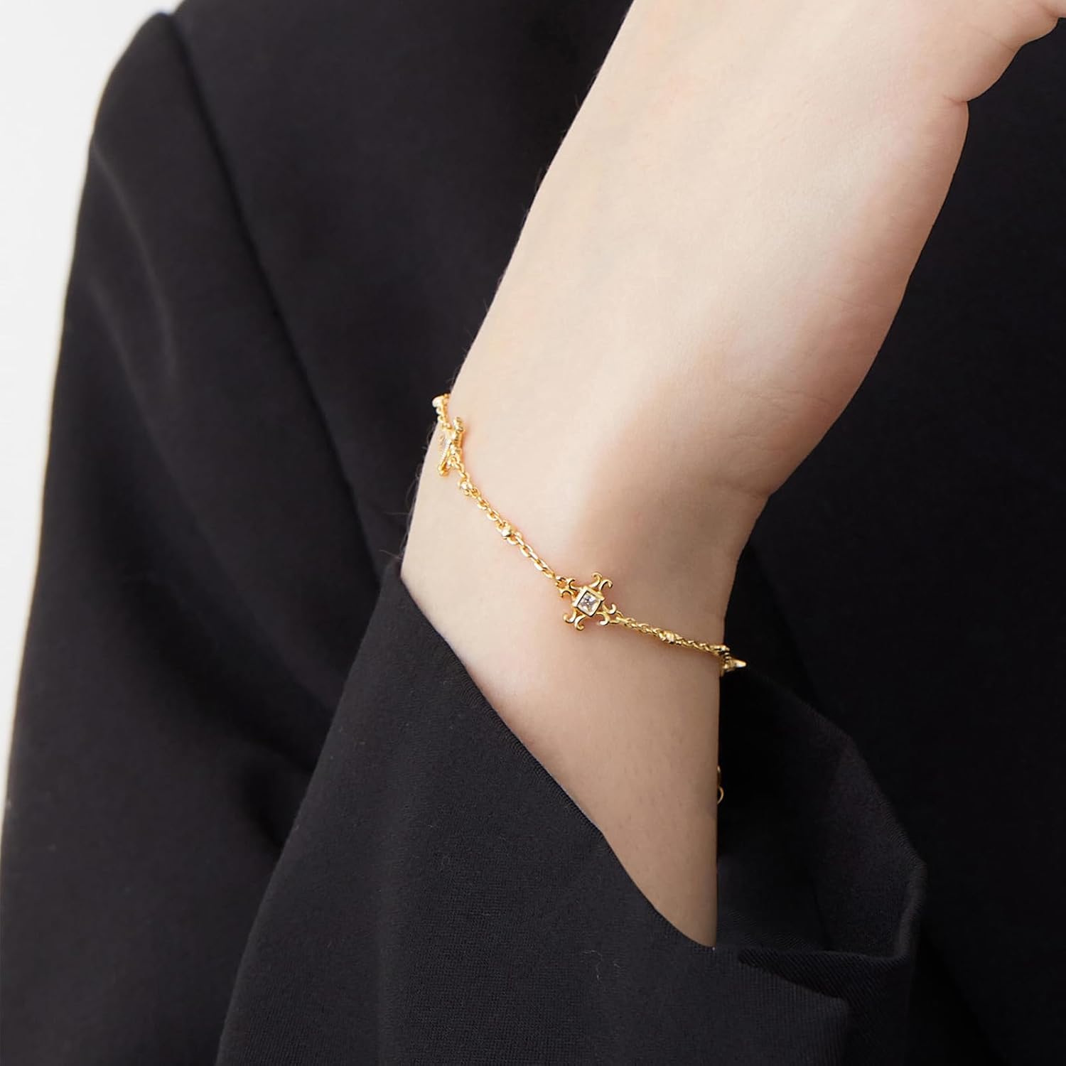 Cicy Bell Womens Bracelets 18k Gold Plated White Shell Cubic Zirconia Square Cross Adjustable Chain Link Bracelets for Women 6.69" with 2" Extender - Image 5