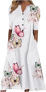 Womens Summer Dress Casual Floral Print Midi Dress Button V Neck Short Sleeve Dresses Flowy Boho Beach Party Sundress - Buy now