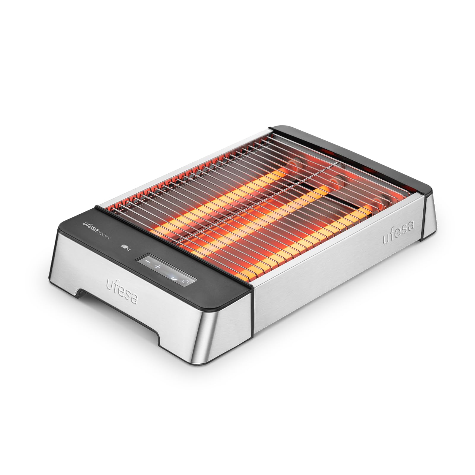Ufesa Kamut - Tostapane piatto da 1000 W, con 3 resistenze, tostapane orizzontale in acciaio inox, misura XL per 4 fette, 6 livelli, schermo tattile, evidenziare e sbrinare, vassoio raccogli briciole