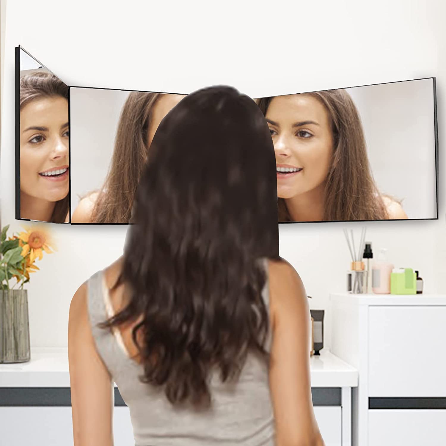 Amazon | TongWey 三面鏡 セルフカット 360°角度自在調整 化粧鏡 卓上