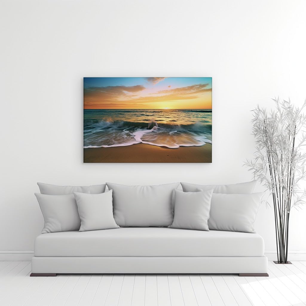 Canvas for Living room. Sunset Serenity at Sea - Where Fiery Skies Embrace Golden Shores, 27 x 18 inch Canvas Wall Art - Contemporary Masterpieces - Modern Home Decor